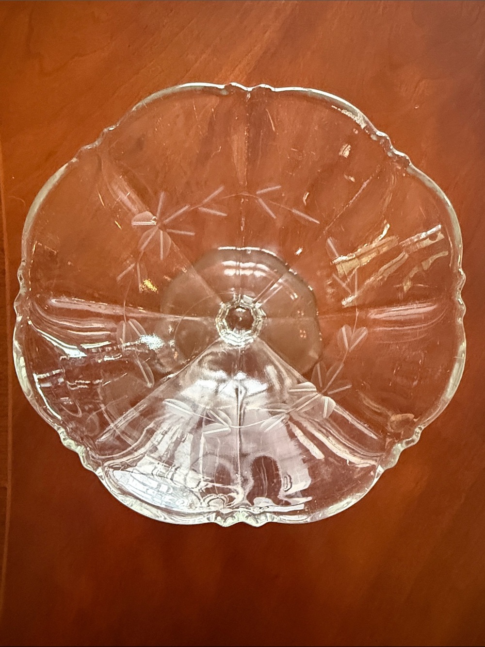 Vintage Glass Pedestal Dish Floral Etching